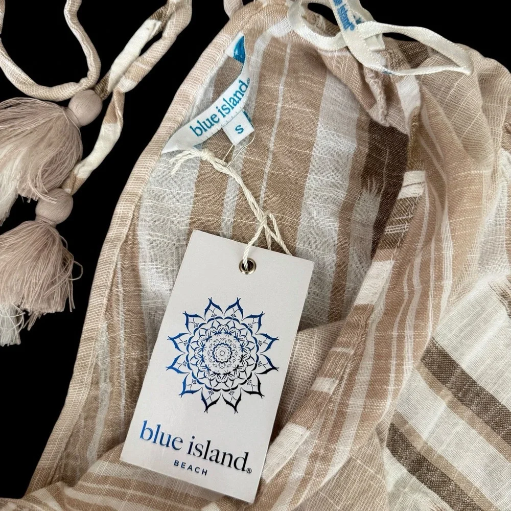 Blue Island Beach Coverup Small Ruffles Tassels Boho Tan Neutral Stripes Resort‎